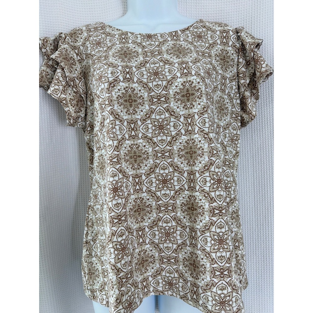 Emily Daniels Tan White Medallion Damask Ruffle Sleeve Blouse Top Large